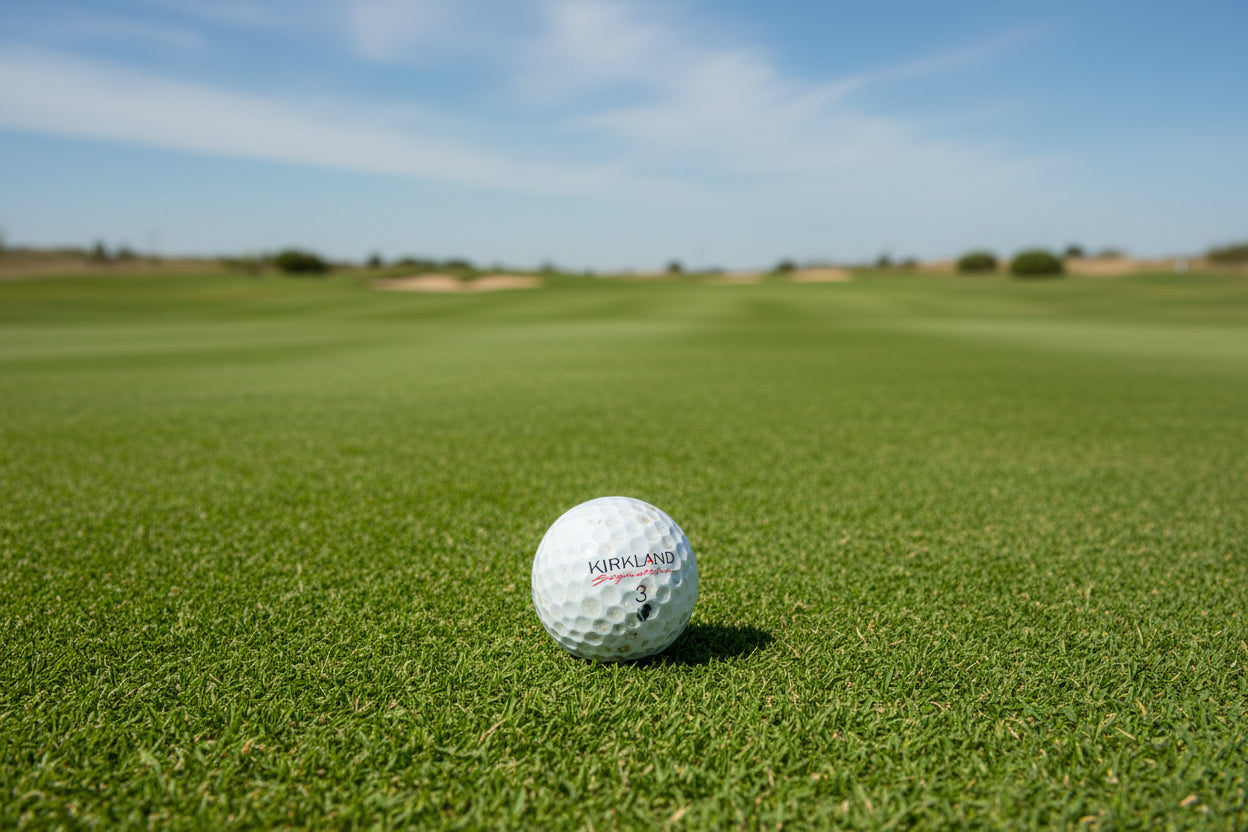 16-pack of Kirkland Signature golf balls on a golf course
Close-up of 16 Kirkland Signature golf balls in packaging
High-performance Kirkland Signature golf balls, pack of 16